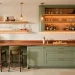Luxurious sage green home bar with live edge wood countertop and ambient lighting for a natural aesthetic.