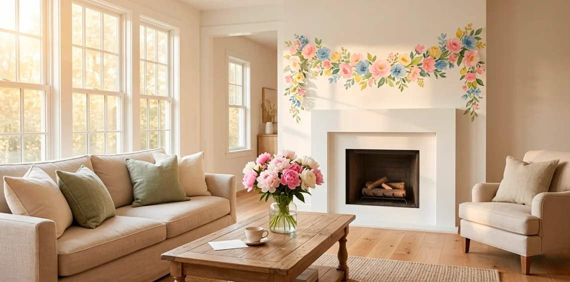 Wide shot of a colorful watercolor floral garland hanging on a white mantel for Mother's Day decor.