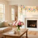 Wide shot of a colorful watercolor floral garland hanging on a white mantel for Mother's Day decor.