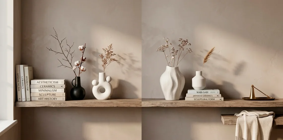 Minimalist winter shelf styled with a collection of abstract white ceramic sculptural vases in a warm modern living room.