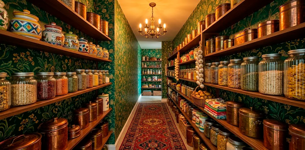 Wide view of a bold maximalist pantry with floral wallpaper, colorful jars, and brass lighting.