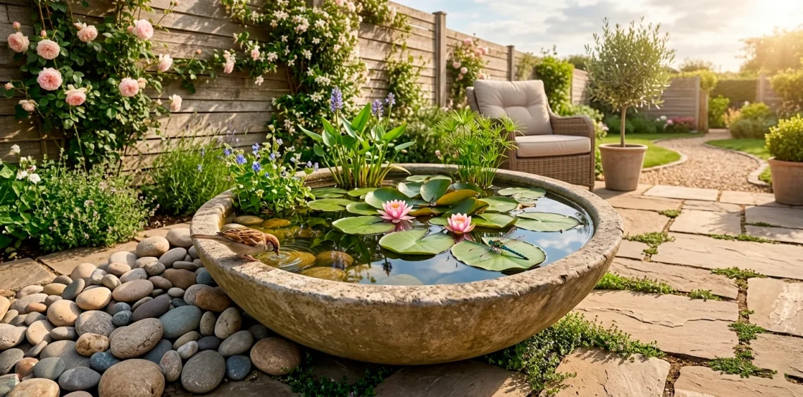 A beautiful backyard container mini pond sanctuary filled with water lilies and wildlife under warm afternoon sunlight.