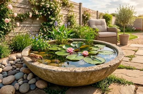 A beautiful backyard container mini pond sanctuary filled with water lilies and wildlife under warm afternoon sunlight.
