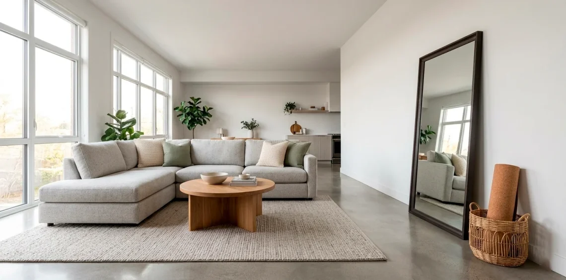 A stylish living room with a subtle workout zone integrated into a modern decor layout.