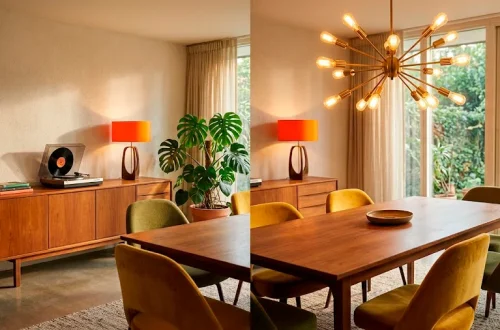 Beautiful mid-century modern dining room featuring a walnut table, colorful retro chairs, and a Sputnik chandelier