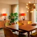 Beautiful mid-century modern dining room featuring a walnut table, colorful retro chairs, and a Sputnik chandelier