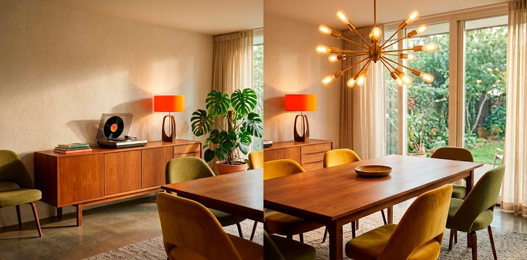 Beautiful mid-century modern dining room featuring a walnut table, colorful retro chairs, and a Sputnik chandelier
