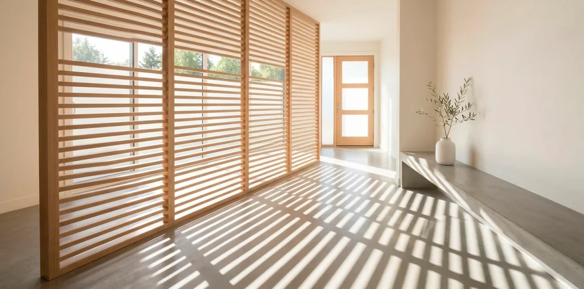 Minimalist entryway featuring a light oak wood slat screen with morning sunlight filtering through.