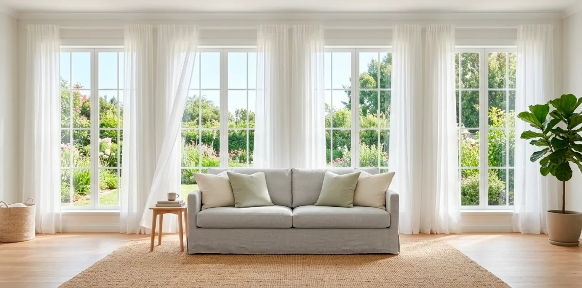 Bright sunlit summer living room featuring sheer white curtains, a light linen sofa, and an organic jute rug.