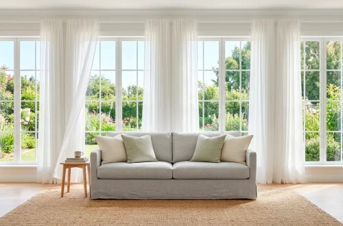 Bright sunlit summer living room featuring sheer white curtains, a light linen sofa, and an organic jute rug.