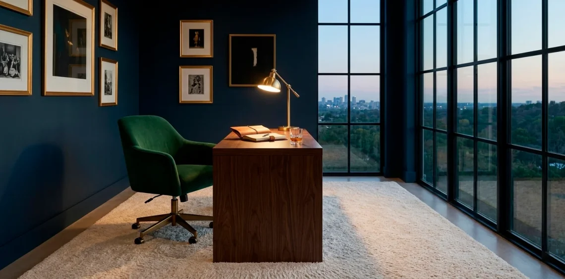 Luxurious home office with a dark walnut desk, emerald velvet chair, and moody navy blue walls in warm lighting.