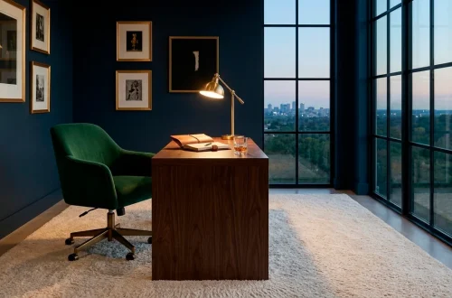 Luxurious home office with a dark walnut desk, emerald velvet chair, and moody navy blue walls in warm lighting.