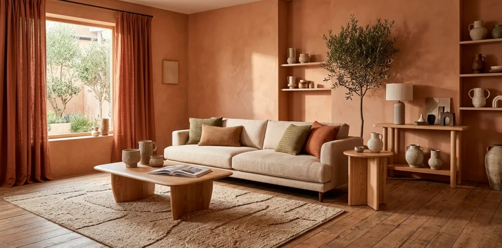 Wide landscape photo of a cozy 2026 living room styled with warm terracotta walls, linen drapes, and elegant decor.