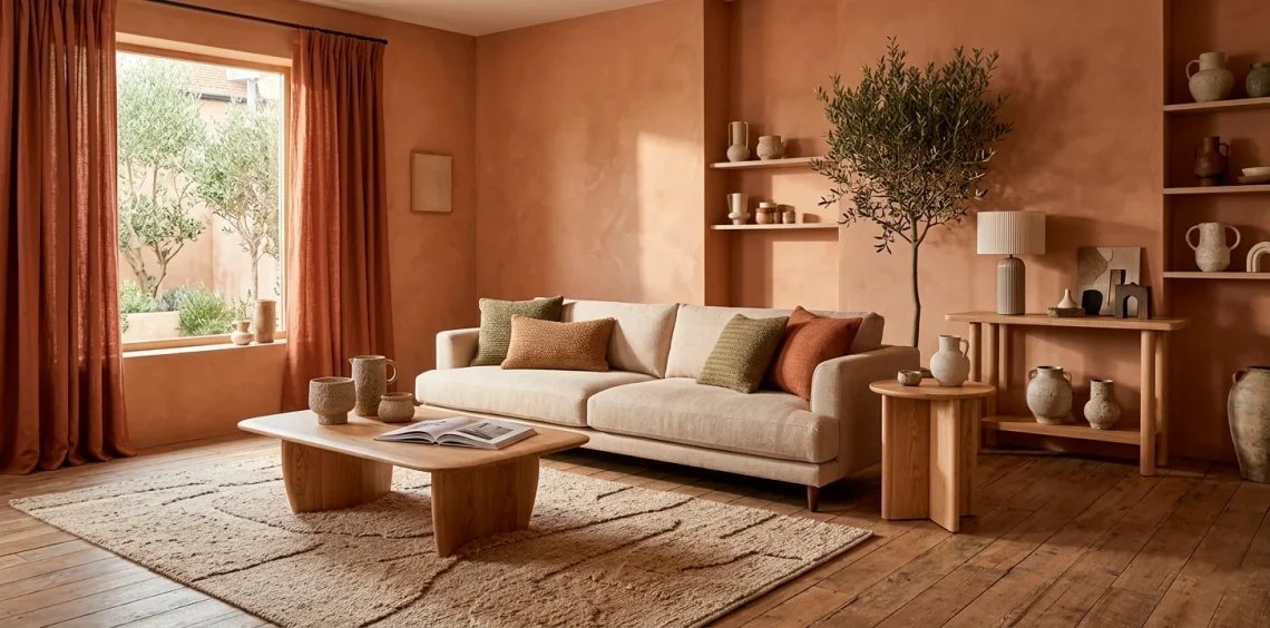 Wide landscape photo of a cozy 2026 living room styled with warm terracotta walls, linen drapes, and elegant decor.