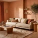 Wide landscape photo of a cozy 2026 living room styled with warm terracotta walls, linen drapes, and elegant decor.