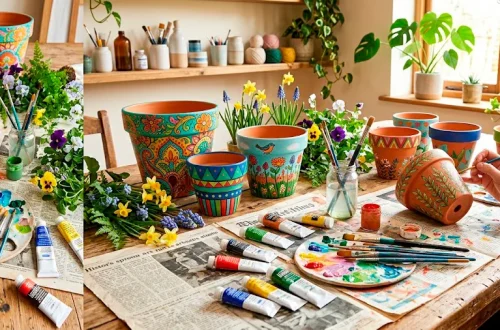 Several vibrantly painted terracotta pots sitting on a wooden craft table surrounded by paintbrushes and acrylic paints