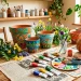 Several vibrantly painted terracotta pots sitting on a wooden craft table surrounded by paintbrushes and acrylic paints