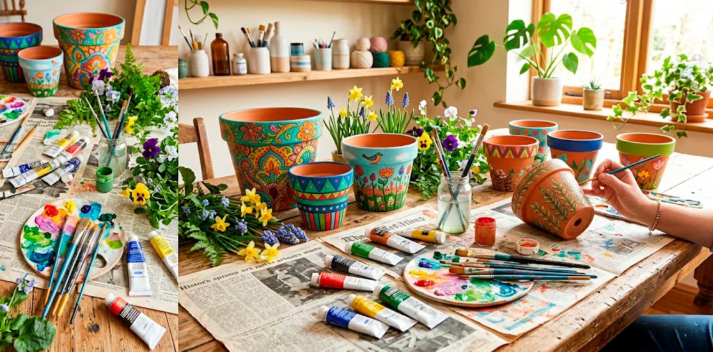 Several vibrantly painted terracotta pots sitting on a wooden craft table surrounded by paintbrushes and acrylic paints