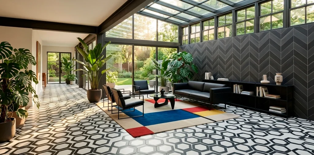 Modern sunroom interior featuring bold geometric patterns, hexagon tiles, and minimalist furniture bathed in bright sunlight.
