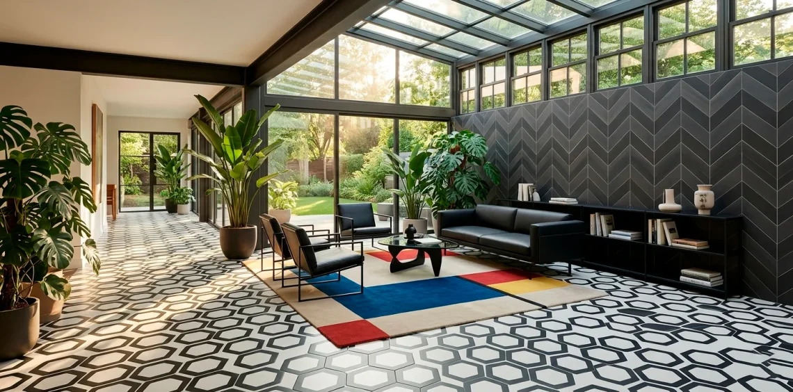 Modern sunroom interior featuring bold geometric patterns, hexagon tiles, and minimalist furniture bathed in bright sunlight.