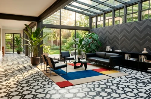 Modern sunroom interior featuring bold geometric patterns, hexagon tiles, and minimalist furniture bathed in bright sunlight.
