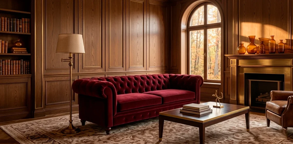 Luxurious fall living room featuring a deep burgundy velvet sofa, warm brass accents, and rich autumn lighting.
