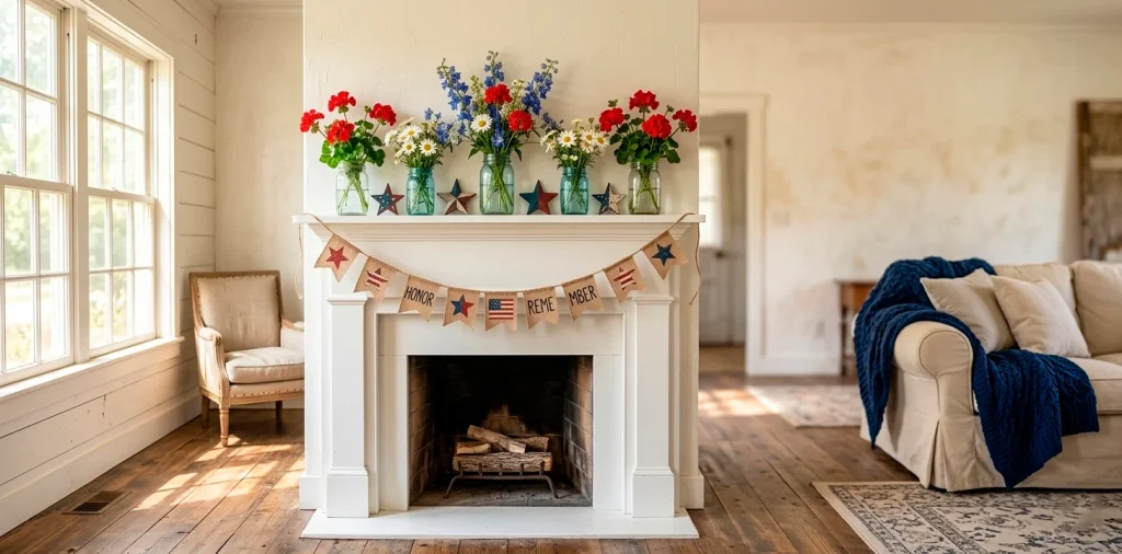 Wide view of a patriotically decorated white fireplace mantle with handmade Memorial Day crafts.