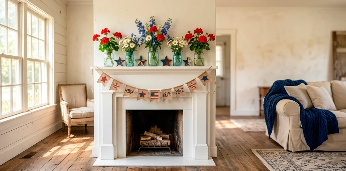 Wide view of a patriotically decorated white fireplace mantle with handmade Memorial Day crafts.