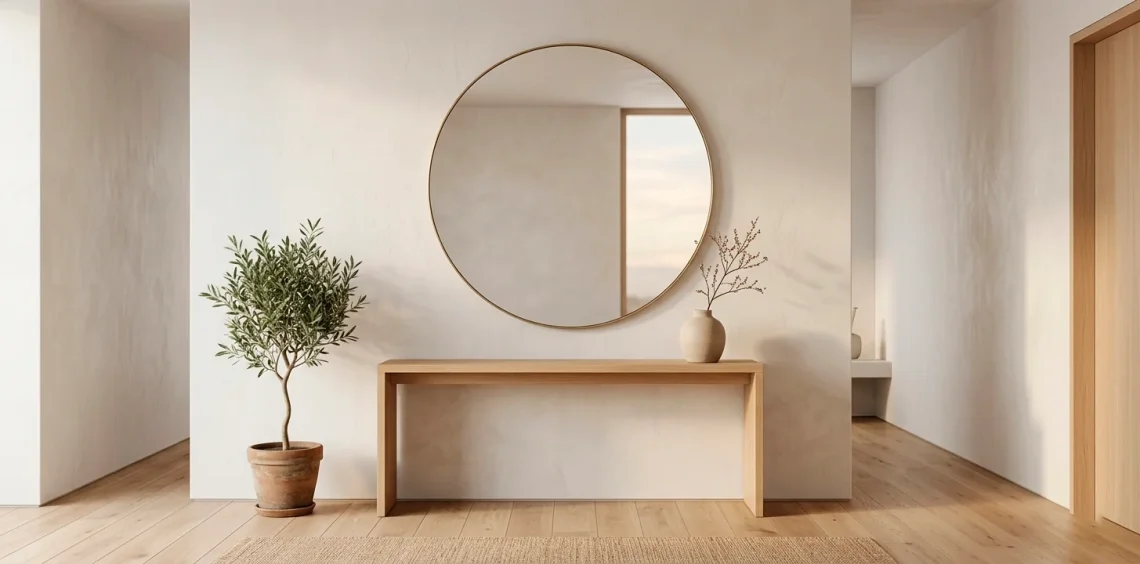 Wide landscape view of a serene Japandi style entryway with minimalist wooden furniture and soft lighting.