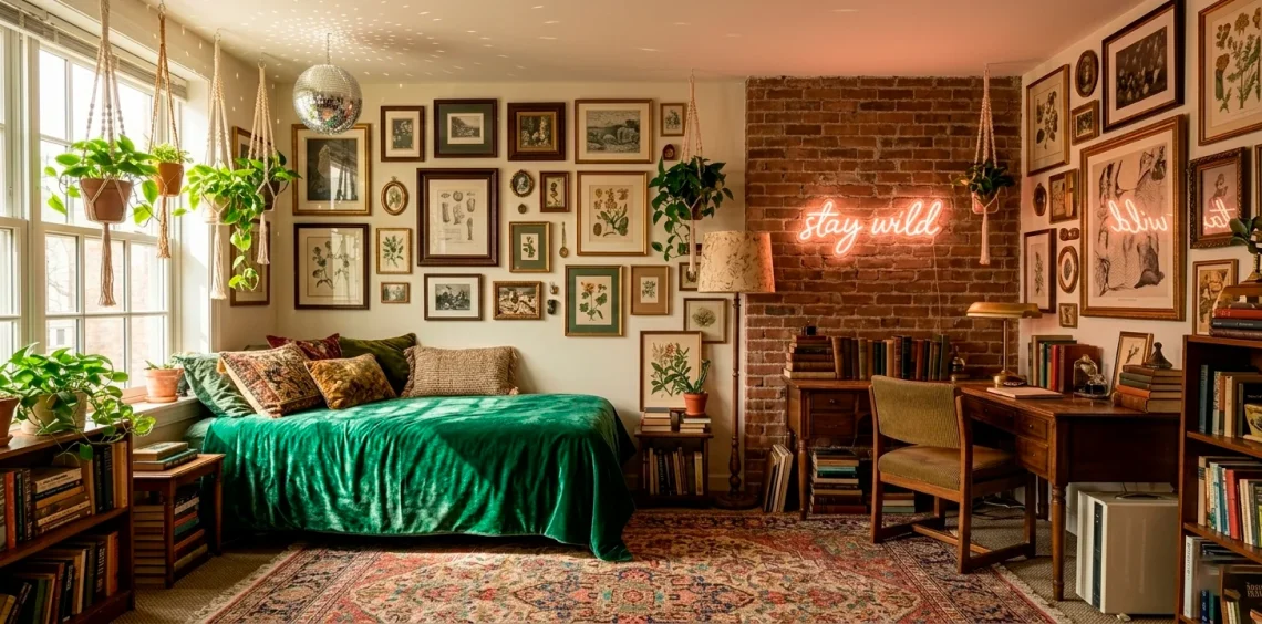Wide horizontal view of a colorful maximalist dorm room with velvet bedding, plants, and neon wall art.