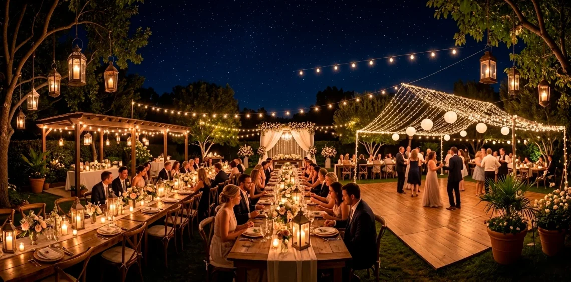 Wide horizontal shot of an enchanting backyard wedding reception under the stars with warm ambient lighting.