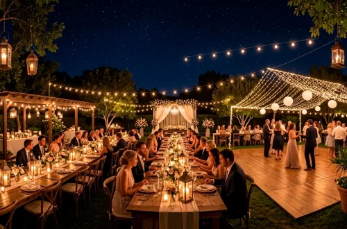 Wide horizontal shot of an enchanting backyard wedding reception under the stars with warm ambient lighting.