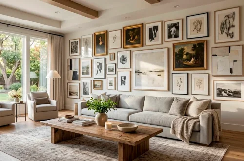 Wide view of a beautifully curated gallery wall in a luxury living room above a linen sofa.