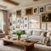 Wide view of a beautifully curated gallery wall in a luxury living room above a linen sofa.