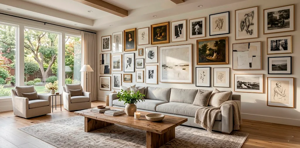 Wide view of a beautifully curated gallery wall in a luxury living room above a linen sofa.