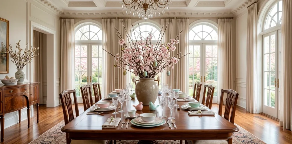 Luxurious high-ceiling dining room with a towering branch Easter centerpiece on a wooden table