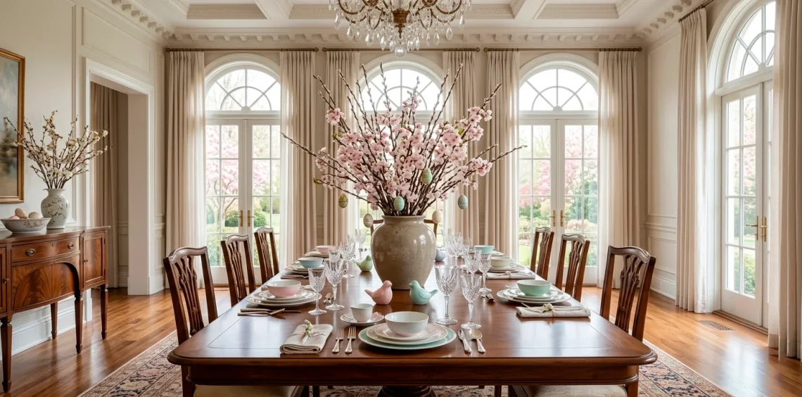 Luxurious high-ceiling dining room with a towering branch Easter centerpiece on a wooden table