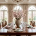 Luxurious high-ceiling dining room with a towering branch Easter centerpiece on a wooden table