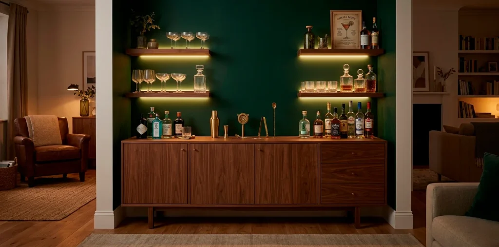 Modern small home bar in an alcove with walnut cabinets and brass cocktail tools against an emerald green wall