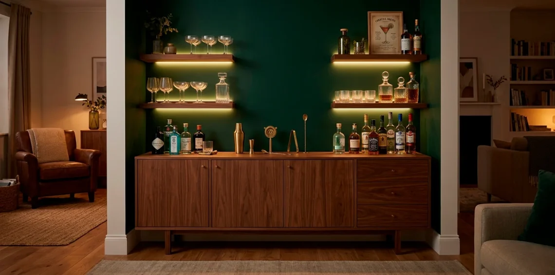Modern small home bar in an alcove with walnut cabinets and brass cocktail tools against an emerald green wall
