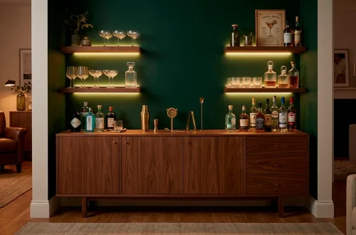 Modern small home bar in an alcove with walnut cabinets and brass cocktail tools against an emerald green wall