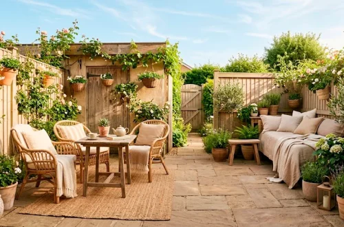 Cozy small patio featuring soft beige and cream decor with sunlight expanding the space visually.
