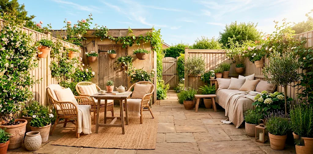 Cozy small patio featuring soft beige and cream decor with sunlight expanding the space visually.