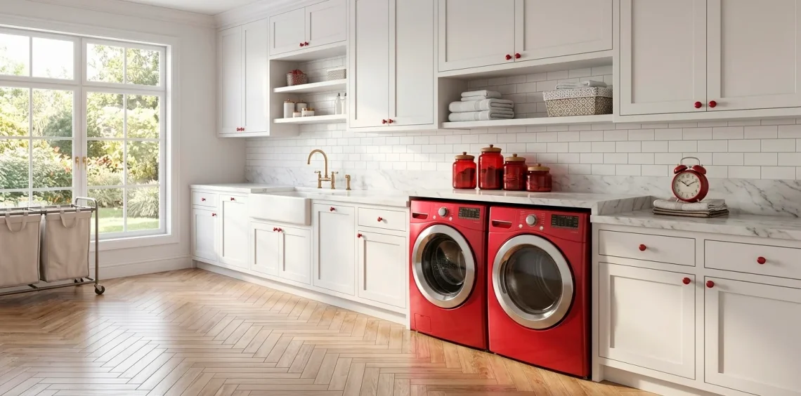Wide shot of a modern laundry room with cherry red appliances and decor accents.