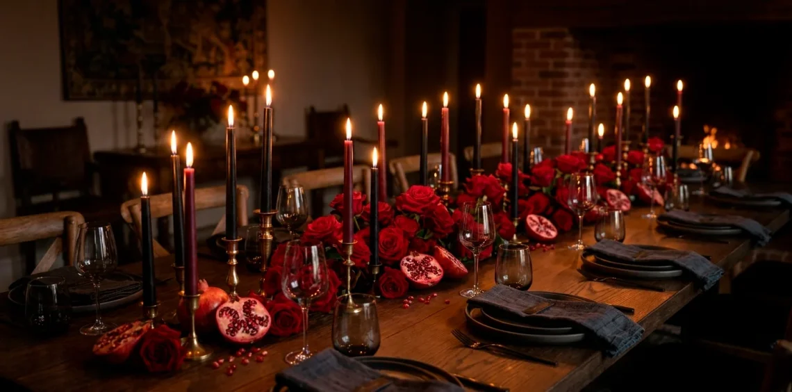 Sophisticated moody Valentine's Day tablescape with dark red roses and flickering taper candles.