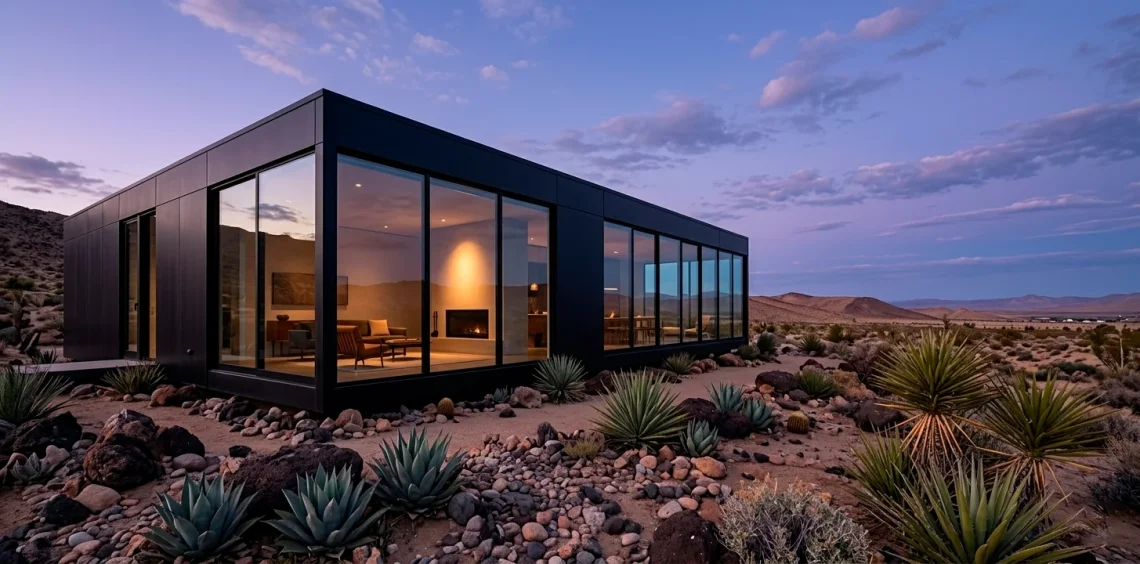 Cinematic 2:1 wide shot of a modern minimalist black villa at twilight with glass reflections.