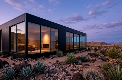 Cinematic 2:1 wide shot of a modern minimalist black villa at twilight with glass reflections.