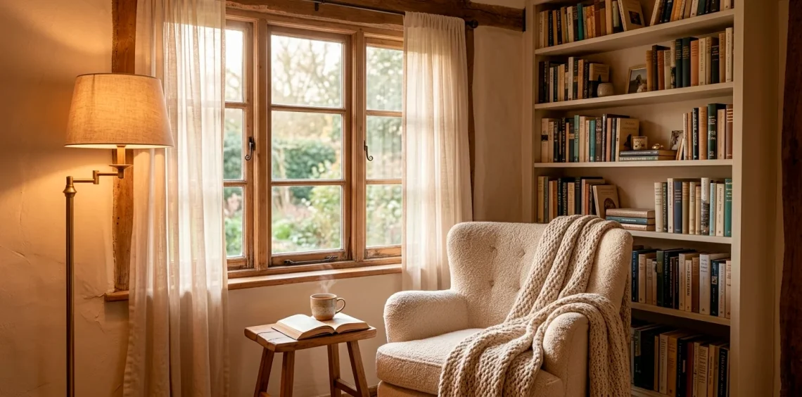 Cozy small reading nook layout featuring a plush armchair, built-in bookshelf, and warm floor lamp.