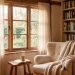 Cozy small reading nook layout featuring a plush armchair, built-in bookshelf, and warm floor lamp.