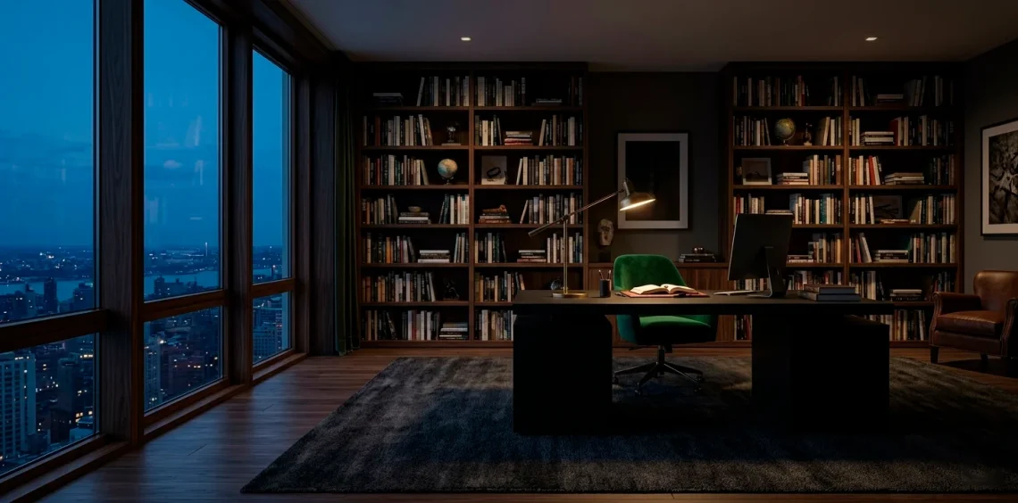 Sophisticated dark luxe home office with matte black desk and velvet chair in moody lighting.